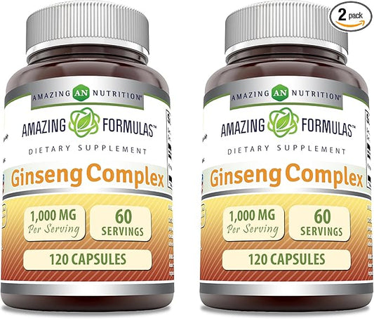 Amazing Formulas Ginseng Complex 1000 Mg of 4:1 Korean Ginseng Extract | Capsules Supplement | Non-GMO | Gluten Free | Made in USA (2 Pack | 120 Count)