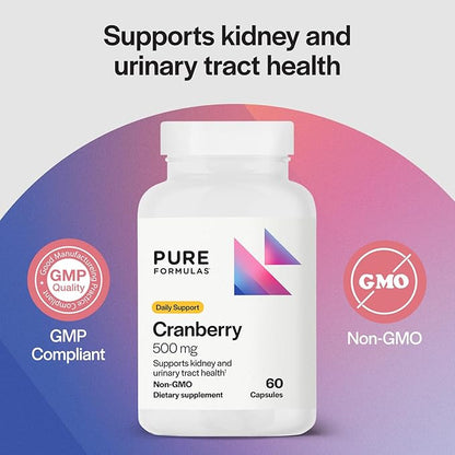 PureFormulas Cranberry 500 mg - Supports Kidney and Urinary Tract Health - Antioxidant Supplement for Immune Protection and Cellular Health - Cranberry Pills for Women & Men - Non-GMO - 60 Capsules
