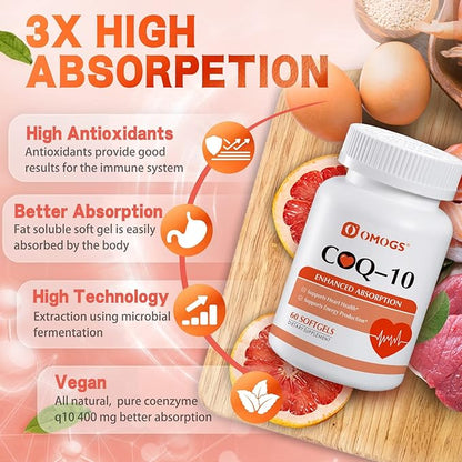 CoQ10 400mg Softgels, Coenzyme Q10 High Absorption Supplements Support Heart Health, Cardiovascular Health, Immune System & Cellular Energy Production, Gluten Free, 60 Softgels