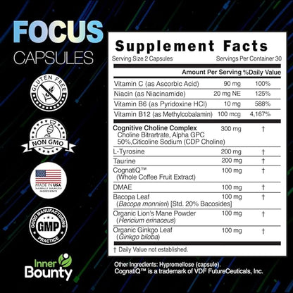 Focus 14-in-1 Nootropic Brain Supplement with Lions Mane, Alpha GPC Choline, Vitamin C & B12, Taurine, Bacopa - Energy, Cognitive, Memory Support, 60 Filler Free Capsules