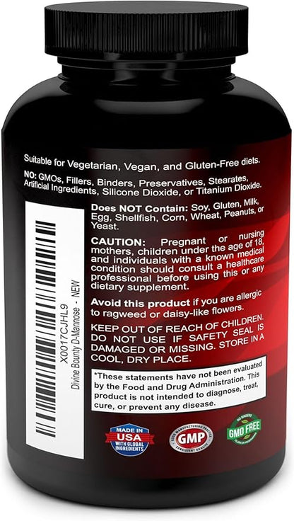 Divine Bounty D-Mannose Capsules - 600mg D Mannose Powder per Capsule with Cranberry and Dandelion Extract to Support Normal Urinary Tract Health - 120 Veggie Capsules