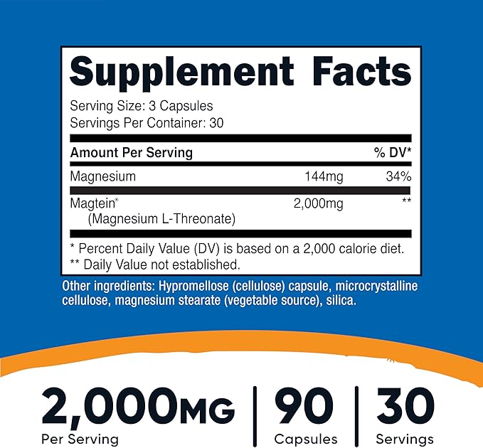 Nutricost Magtein Magnesium L-Threonate 2,000mg, 90 Capsules - Gluten Free, Vegetarian, 30 Servings