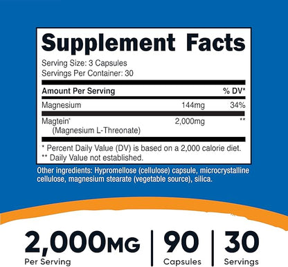 Nutricost Magtein Magnesium L-Threonate 2,000mg, 90 Capsules - Gluten Free, Vegetarian, 30 Servings