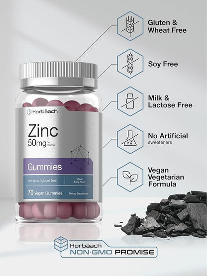 Horbäach Zinc 50mg | 70 Gummies | Mixed Berry Flavor | Vegan, Non-GMO and Gluten Free Formula | Zinc Citrate Dietary Supplement