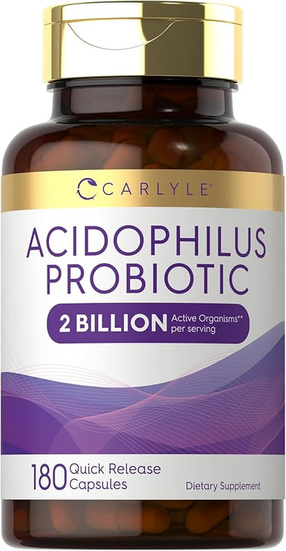 Carlyle Acidophilus Probiotic for Women & Men's Digestive Health | 2 Billion CFU | 180 Quick Release Capsules | Non-GMO & Gluten Free