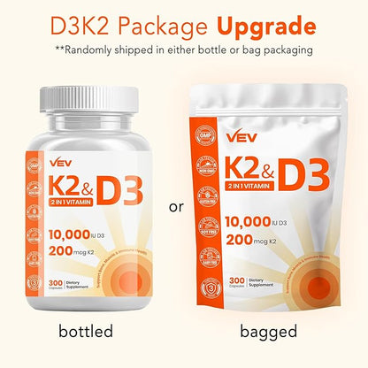 VEV Vitamin D3 K2, 10,000 IU D3, 200mcg K2 (with MK7), Supports Bone and Teeth Health, Dual Nutrient Support for Daily Wellness, Easy to Swallow (Packaging May Vary) – 300 Capsules