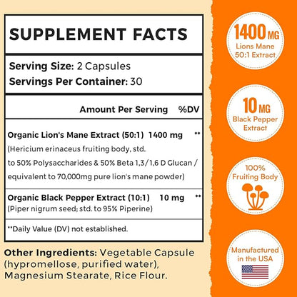 1400mg Lions Mane Supplement Capsules - 50x Strength Potency Brain Supplements for Memory and Focus | Natural Nootropics Brain Supplement for Cognitive, Clarity, Concentration & Energy - 60 Caps