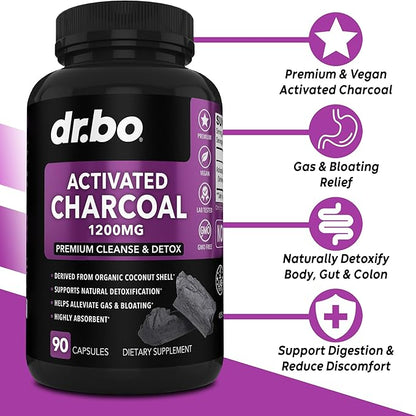 Activated Charcoal Capsules Cleanse Detox - 1200mg Organic Coconut Charcoal Pills for Stomach Gas and Bloating Relief for Men Women Kids - Active Capsules Powder Binder Activated Supplements for Gut