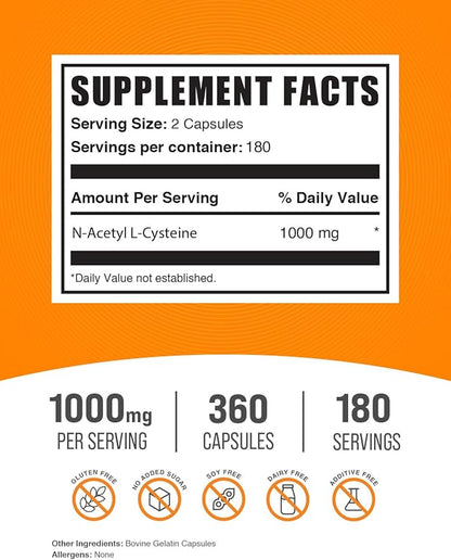 BulkSupplements.com N-Acetyl L-Cysteine 1000mg Capsules - N-Acetyl Cysteine 1000mg, NAC Supplement - NAC 1000mg, Gluten Free - 2 Capsules per Serving, 360 Capsules (Pack of 1)