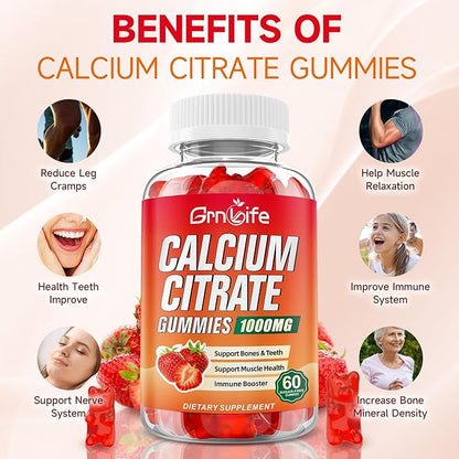 2 Pack Calcium Citrate Gummies, Sugar Free Calcium Citrate 1000mg for Muscle Healthy, Absorption Calcium Supplements for Adults & Kids, Strawberry, 120 Count