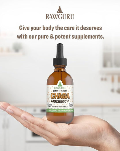 RawGuru Chaga Mushroom Supplement - Vegan Chaga Mushroom Extract with Trace Minerals - Nano-Processed Immunity Boost & Cognitive Supplement Tincture - 60 Servings of Vegan Drops per 60 ml, Pack of 1
