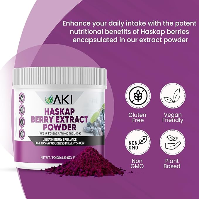 AKI Haskap Berry Extract Powder - Rich in Antioxidants, Vitamin-C & Polyphenols - Extracted from Quality Dried Berries - No Added Artificial Flavors & Coloring - Boosts Energy Level (5.30Oz/150g)
