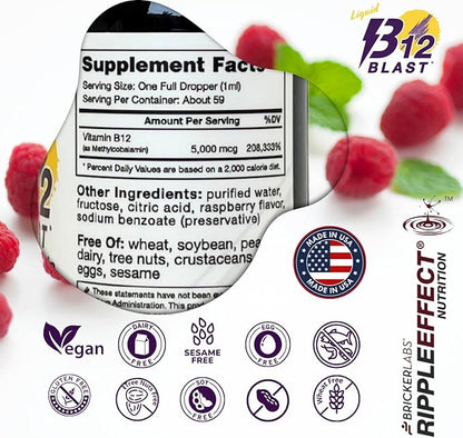 B12 Blast Methylcobalamin 5000mcg, Great Tasting Sublingual Liquid Energy Vitamins -Vegan B12 Vitamins, Sustained Energy and Cellular Health Supplement - 59-Day Servings
