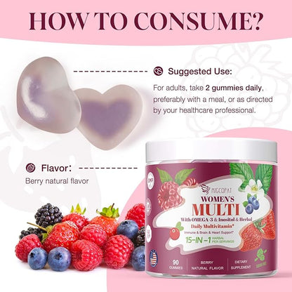 Multivitamin for Women, Womens Multivitamin Gummy w/Omega-3, Inositol, Folate, Biotin, Vitamins A, C, D3, E, B12 for Heart, Brain, Hair, Energy & Immune, Sugar-Free Gummies, Berry Flavor, 90 Cts