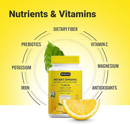 Hemani Instant Psyllium Husk Ispaghol 100g | Lemon Flavored On-The-Go Fiber Supplement | Supports Digestive Health | Add to Water for a Refreshing Drink