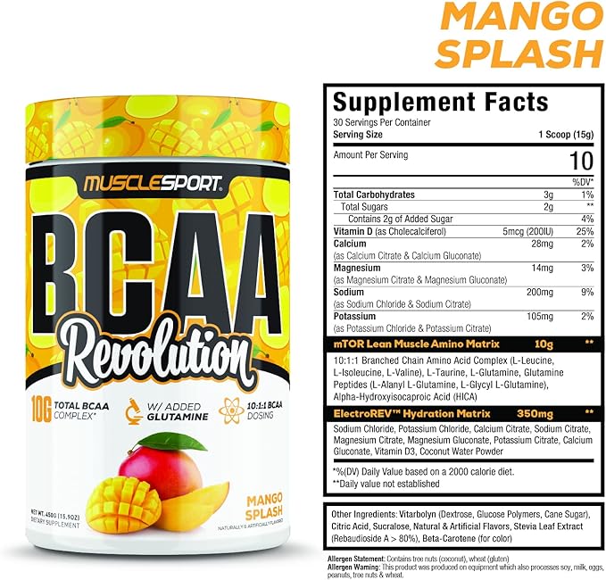 Musclesport BCAA Revolution Amino Acid Powder Supplement for Men & Women - Intra Workout Training Complex - Recovery Supplement (Mango Splash, 30 Servings)