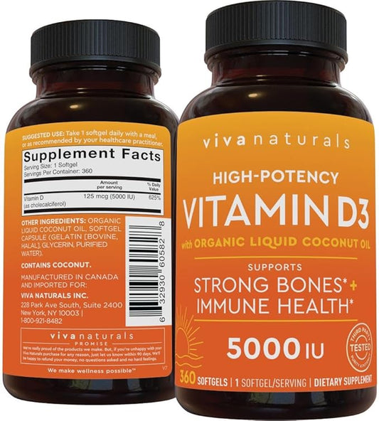 Viva Naturals Vitamin D3 5000 IU Softgels - 360 Count 125 mcg Softgel, Essential D3 Vitamin, Supports Bone Health, Immune Support, Premium Vitamin D, High Potency Vitamin D 5000 IU