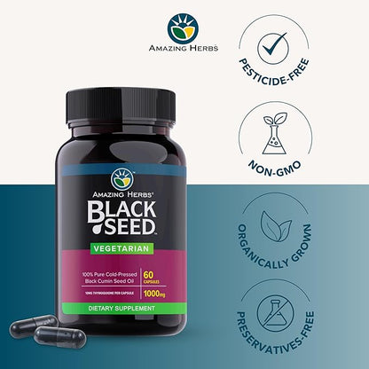 Amazing Herbs Black Seed Oil Capsules - Black Seed Oil Pills, Black Cumin Seed Oil Capsules, Cold Pressed Nigella Sativa Supplement, Blackseed Oil, Non GMO, 100% Pure - 60 Vegetarian Capsules, 1000 mg