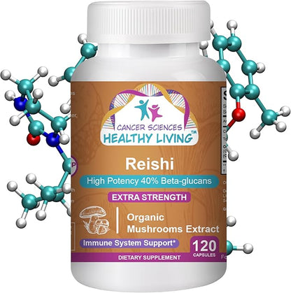 CANCER SCIENCES Reishi Wellness Mushroom Supplement Capsules, USDA Certified Organic Mushrooms Extract, Extra Strength 1,500 mg, High Potency 40% Beta-Glucans, Immune Support, Anti-aging, 120 Capsules