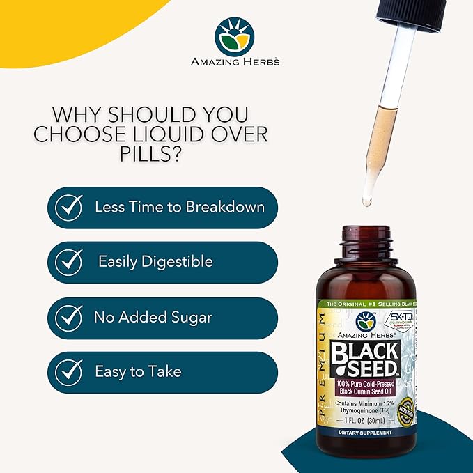 Amazing Herbs Premium Black Seed Oil - Cold Pressed Nigella Sativa Aids in Digestive Health, Immune Support, Brain Function, Joint Mobility, Gluten Free, Non GMO - 1 Fl Oz
