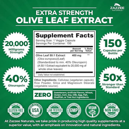Zazzee Extra Strength Olive Leaf 50:1 Extract, 20,000 mg Strength, 40% Oleuropein, 150 Vegan Capsules, 5 Month Supply, Concentrated and Standardized 50X Extract, 100% Vegetarian, Non-GMO, All-Natural