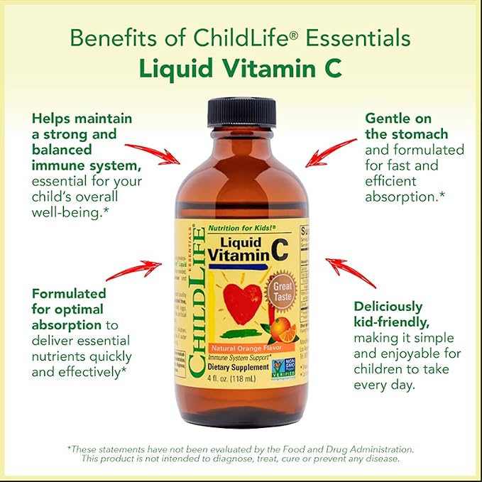 CHILDLIFE ESSENTIALS Liquid Vitamin C - Vitamin C Liquid for Kids, Toddlers, & Babies, Pure Vitamin C Supplement, Immune System Support, Natural Orange Flavor, 4 Fl Oz (Pack of 1)