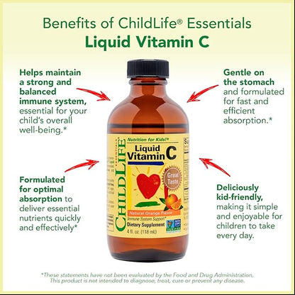 CHILDLIFE ESSENTIALS Liquid Vitamin C - Vitamin C Liquid for Kids, Toddlers, & Babies, Pure Vitamin C Supplement, Immune System Support, Natural Orange Flavor, 4 Fl Oz (Pack of 1)