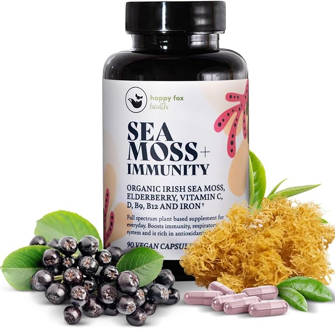 Purple Immunity Bundle - Organic Sea Moss Raw Purple & Organic Irish Sea Moss Capsules with Sambucus Elderberry for Immunity Defense, Vitamins C, D3, B9, B12, & Iron, 90 Count