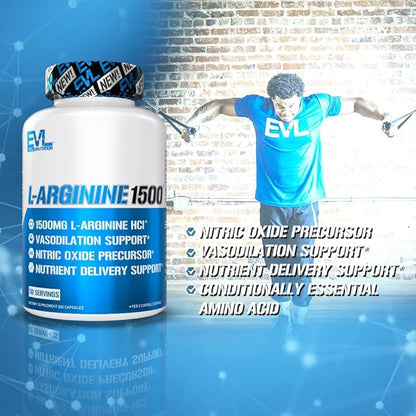 Evlution Nutrition Nitric Oxide Booster L-Arginine Supplement - High Potency Nitric Oxide Supplement with 1500mg of L Arginine HCL for Enhanced Pumps Energy Muscle Growth and Vascularity NO Booster