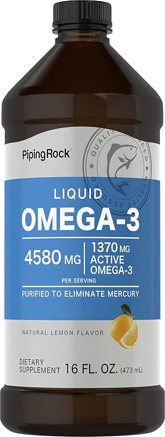 Piping Rock Omega 3 Fish Oil Liquid | 16 Fl Oz | Mercury Free | Lemon Flavor | 1370 mg Active Omega-3 Supplement | Non-GMO, Gluten Free