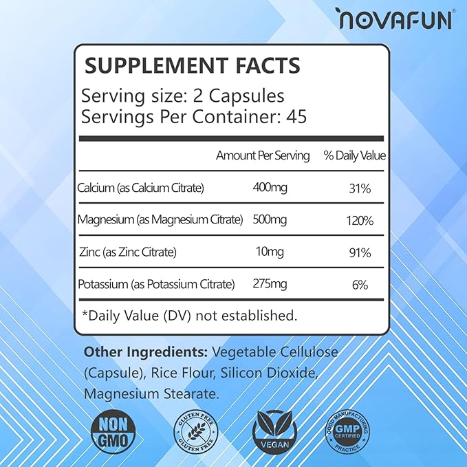Potassium Magnesium Supplement with Calcium Zinc 1185mg, High Potency Formula for Leg Cramps, Bone & Muscle Health, Non-GMO, Gluten Free, Vegan, 90 Capsules