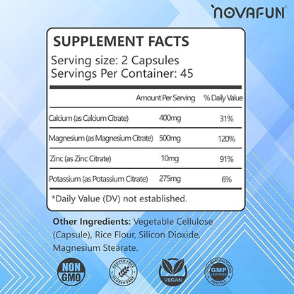 Potassium Magnesium Supplement with Calcium Zinc 1185mg, High Potency Formula for Leg Cramps, Bone & Muscle Health, Non-GMO, Gluten Free, Vegan, 90 Capsules