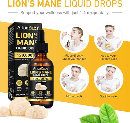 Lions Mane Mushroom Drops - 2Pack, Brain Supplement, Brain Vitamins, Enhance Memory & Focus & Immunity, 4 Oz
