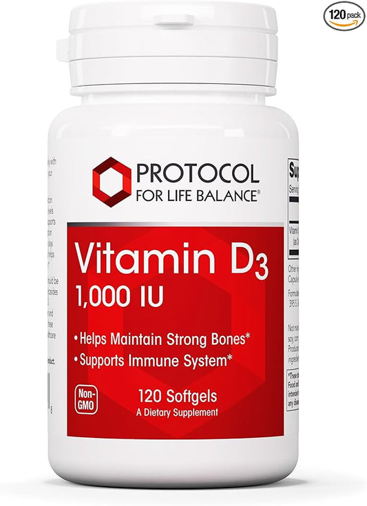 PROTOCOL FOR LIFE BALANCE Vitamin D3 1,000 IU - Immune Support Strong Bones and Teeth - 120 Softgels
