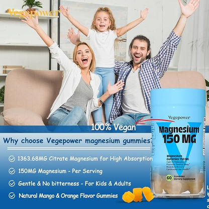 Magnesium Gummies for Kids & Adults, Magnesium Citrate Supplements for Sleep, Muscle/Bone and Relaxation, Chewable Magnesio, Mango | 60 Vegan Bears