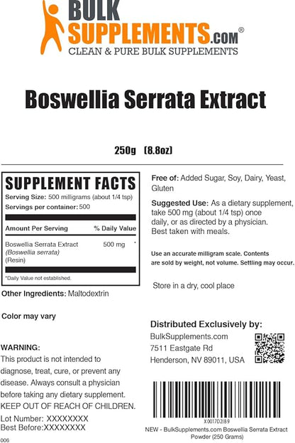 BulkSupplements.com Boswellia Serrata Extract Powder - from Frankincense Resin, Boswellia Serrata Powder - Herbal Supplement, Gluten Free, 500mg per Serving, 250g (8.8 oz) (Pack of 1)