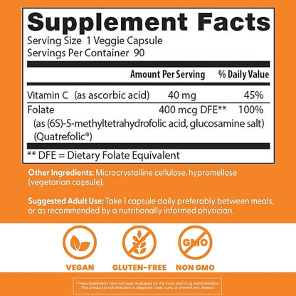 Doctor's Best Fully Active Folate with Quatrefolic400 mcg, Healthy Mood, Memory, Circulation, Well-Being, 90 VC