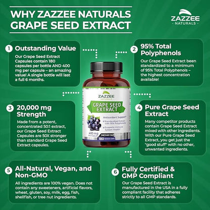 Zazzee High Strength Grape Seed 50:1 Extract, 180 Vegan Capsules, 95% Polyphenols, 400 mg per Capsule, 6 Month Supply, Standardized and Concentrated 50X Extract, Non-GMO, Made in The USA