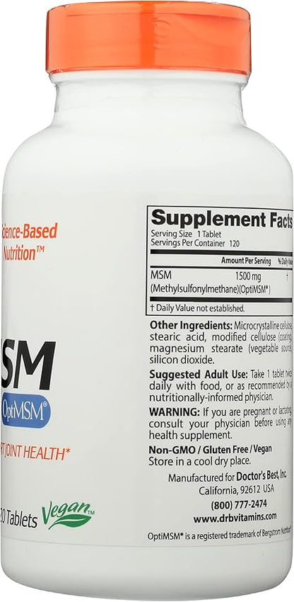 Doctors Best MSM with OptiMSM 1500mg, Vegan Friendly, Gluten Free & Non-GMO, 120 Tablets (Pack of 1)