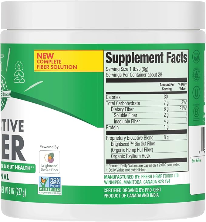 Manitoba Harvest Organic BioActive Fiber Supplement with 6g Fiber per Serving, Digestive Hemp & Psyllium Husk Powder, Non-GMO, Vegan & Kosher, 8oz