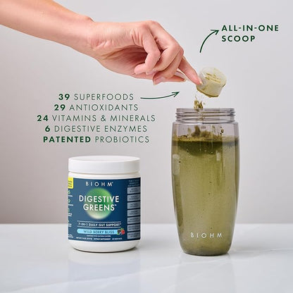 BIOHM Digestive Greens, Green Superfood Powder (7.4 Oz, 30 Servings) Immune & Gut Health Support with Antioxidants, Vitamins, Probiotics & Enzymes, Good Source of Fiber, Berry Flavor