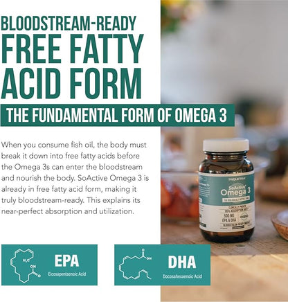 SoActive® Omega 3 EPA & DHA | Free Fatty Acid Form Omega 3 | Near Perfect Absorption – Up to 95% Absorption Rate | Bloodstream Ready EPA & DHA – More Effective Than Fish Oil & Krill Oil (60 Capsules)