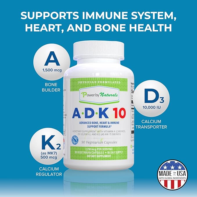 Power By Naturals ADK Vitamin Supplement – ADK 10 High Potency with Vitamins A, D3 10,000 IU & K2 MK7 for Superior Heart, Immune & Bone Health Support – 90 Capsules, 1 Pack (3-Month Supply)
