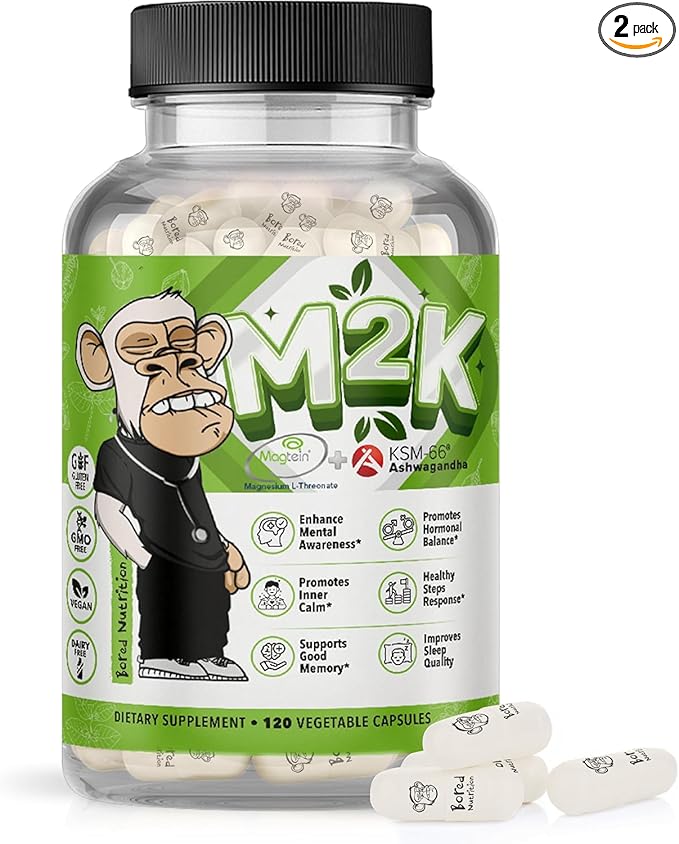 Bored Nutrition M2K: Magtein Magnesium L-threonate & Ashwagandha Supplement - 1500mg Magtein, 300mg KSM-66, Plus 200mg Magnesium