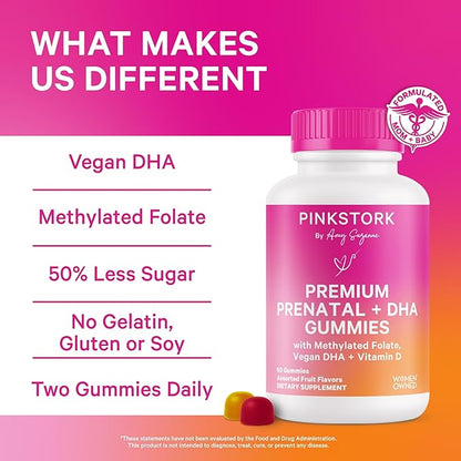 Pink Stork Premium Prenatal Gummy Vitamins with DHA, Folate, and Vitamin D - Multivitamin and Nutrient Blend for Neural Tube and Fetal Brain Development - Pregnancy Must Haves - 60 Vegan Gummies