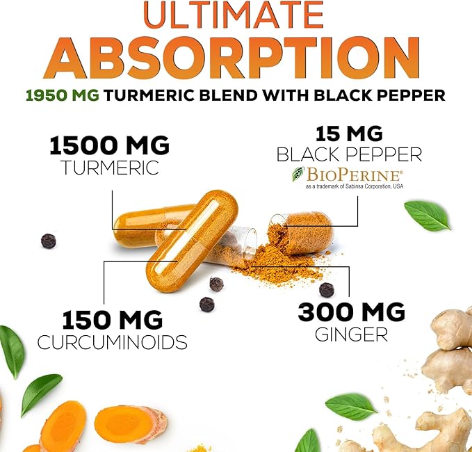 Turmeric Curcumin Supplement 1950mg with Organic Turmeric & Ginger, 95% Curcuminoids, BioPerine Black Pepper for Best Absorption, Nature's Vegan Joint Support, Non-GMO, Bottled in USA - 240 Capsules