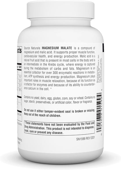 Source Naturals Magnesium Malate 3750 mg Per Serving Essential Magnesium Malic Acid Supplement - 100 Capsules