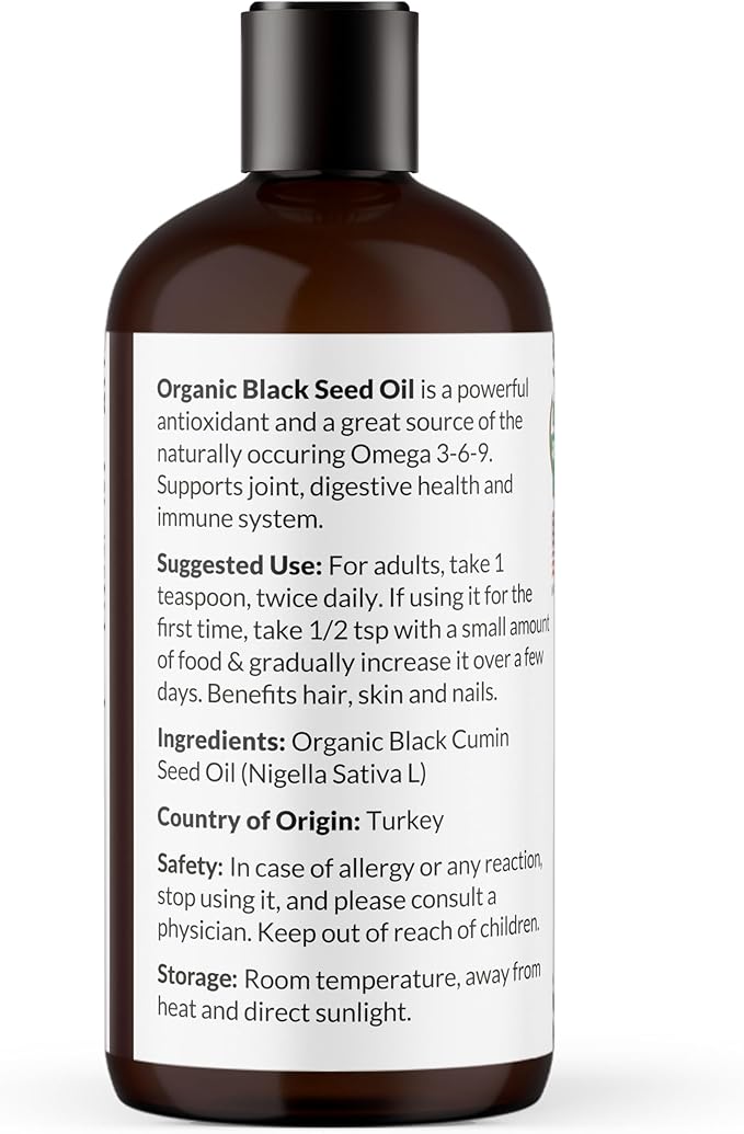 NaturoBliss Organic Black Seed Oil 100 Virgin Cold Pressed Omega 3 6 9 Super Antioxidant for Immune Support, Joints, Mobility, Digestion, Hair Skin Vegan, Gluten-Free, Non-GMO USDA Certified 16oz