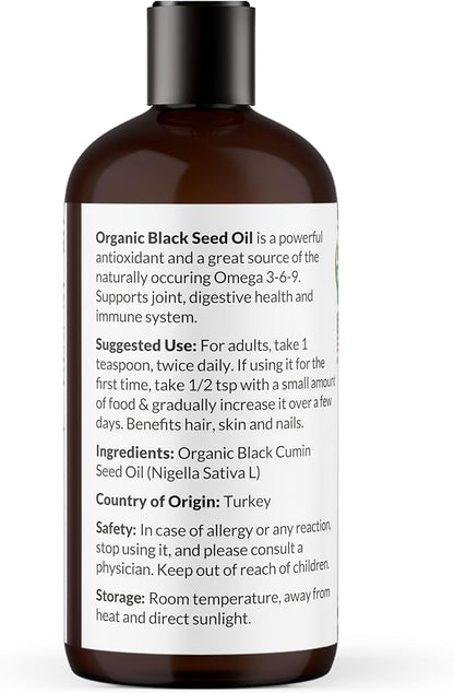 NaturoBliss Organic Black Seed Oil 100 Virgin Cold Pressed Omega 3 6 9 Super Antioxidant for Immune Support, Joints, Mobility, Digestion, Hair Skin Vegan, Gluten-Free, Non-GMO USDA Certified 16oz