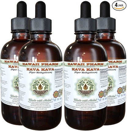 Kava Kava Alcohol-Free Liquid Extract, Kava Kava (Piper Methysticum) Dried Root Glycerite Hawaii Pharm Natural Herbal Supplement 4x4 oz